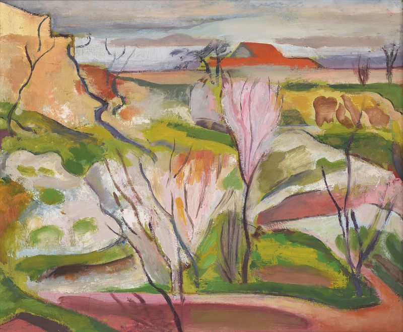 Landscape oil painting by Bernard Meninsky featuring swirling blues and greens.