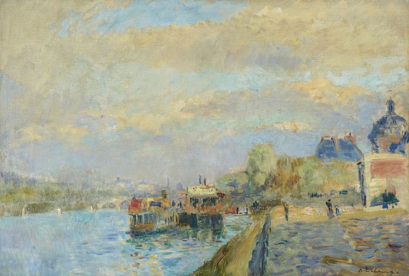 Escena marina con barcos en un puerto, pintura al óleo de Albert Lebourg