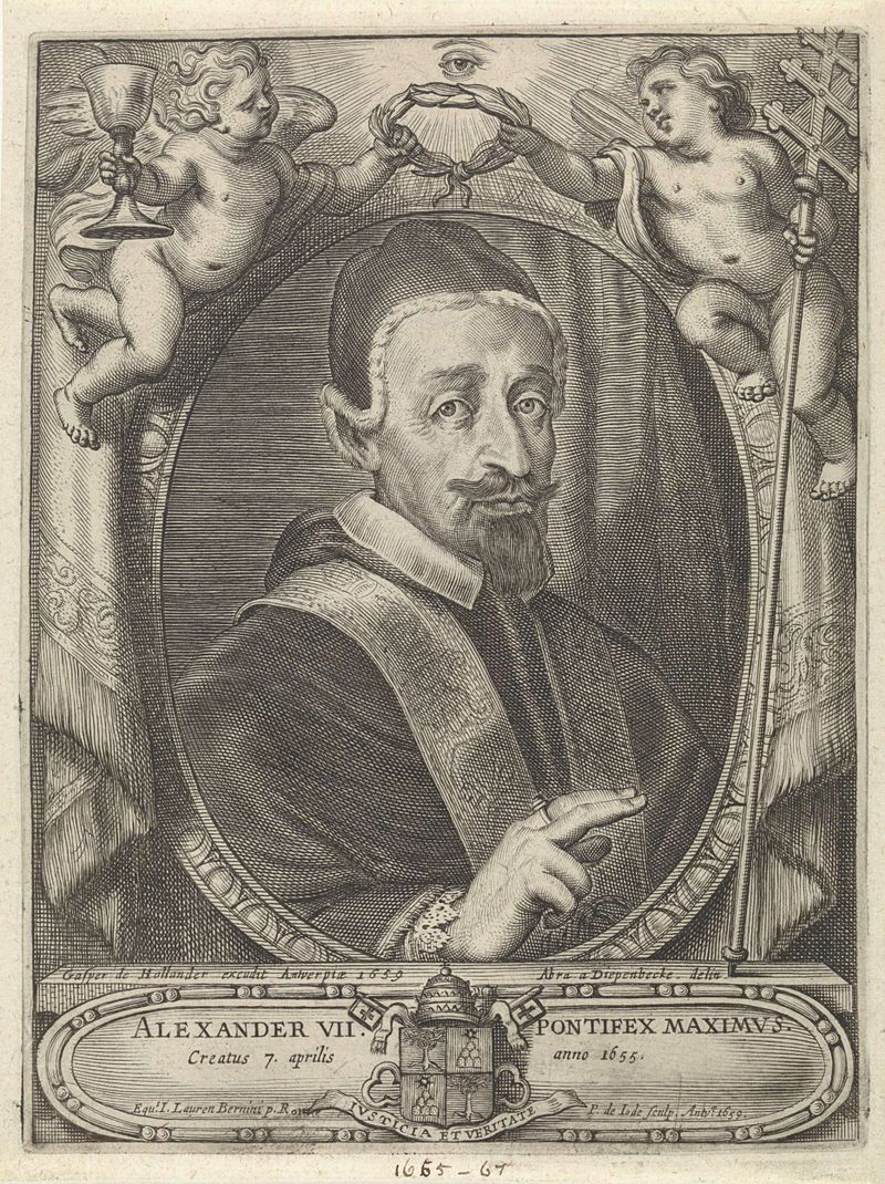 Engraving of Pope Alexander VII by Pieter de Jode (II) in rich robes with gold embroidery