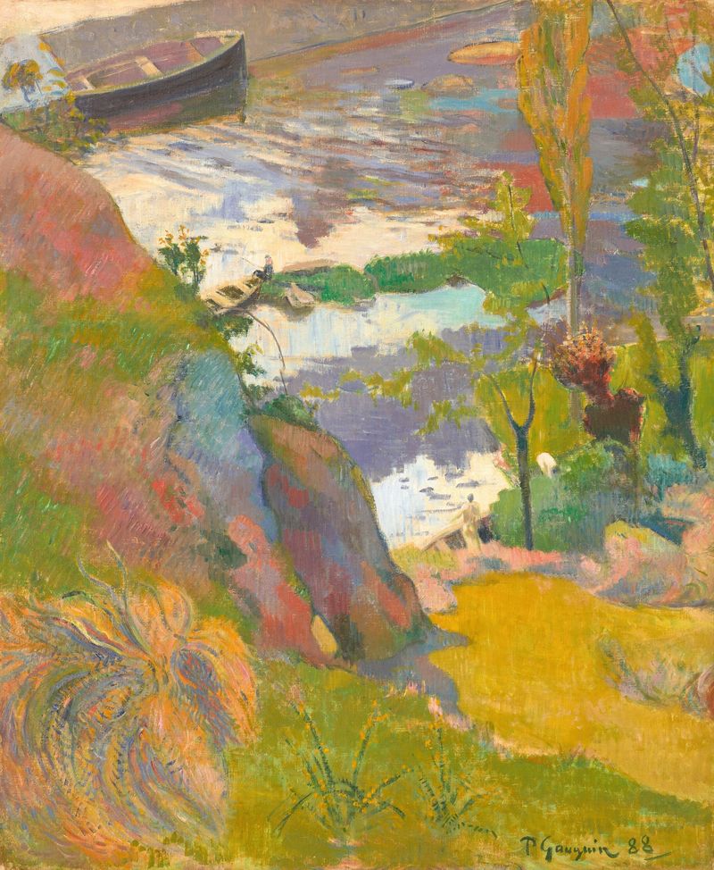 Pêcheur et baigneurs sur l’Aven de Paul Gauguin, óleo sobre tela que retrata um pescador à beira do rio.