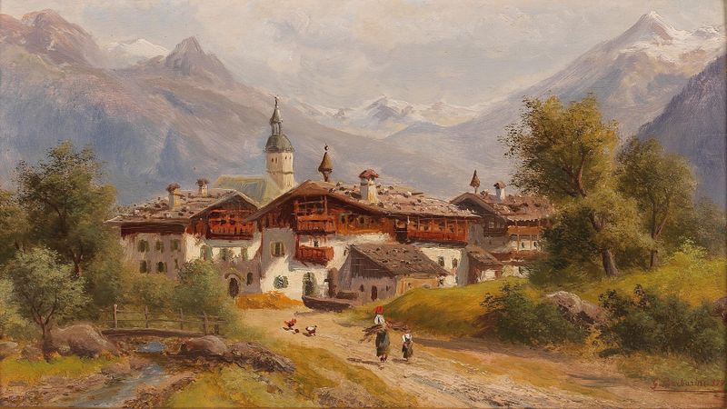 Landscape depicting a village in the Alps by Gustav Barbarini, medium unknown