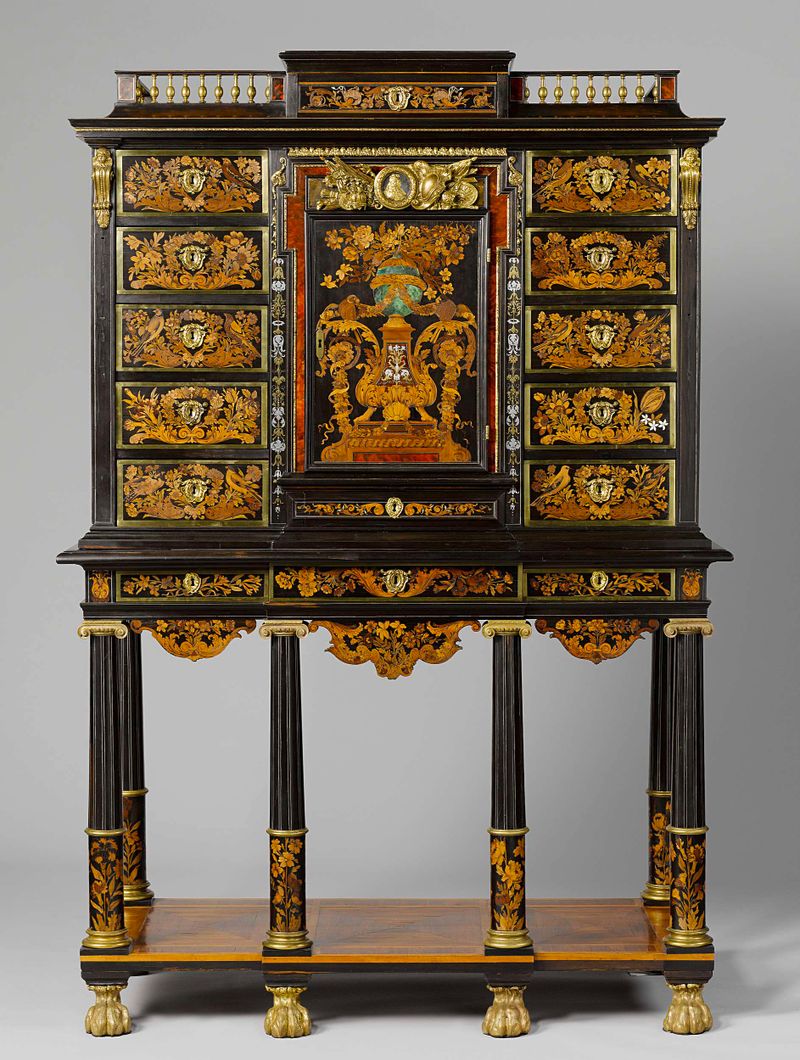 Cabinet by André-Charles Boulle, wood, featuring floral marquetry and gilt-bronze details.