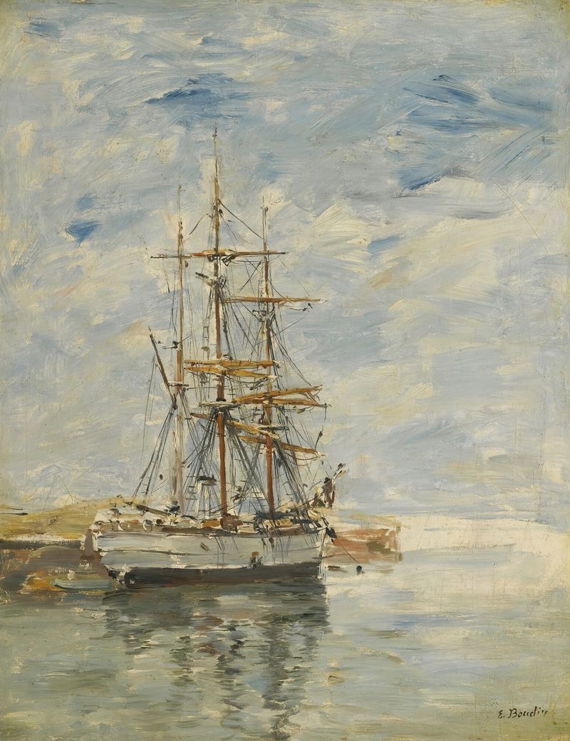 Trois-Mats À L’ancre de Eugène Boudin, pintura a óleo de navios de três mastros ancorados em um porto.