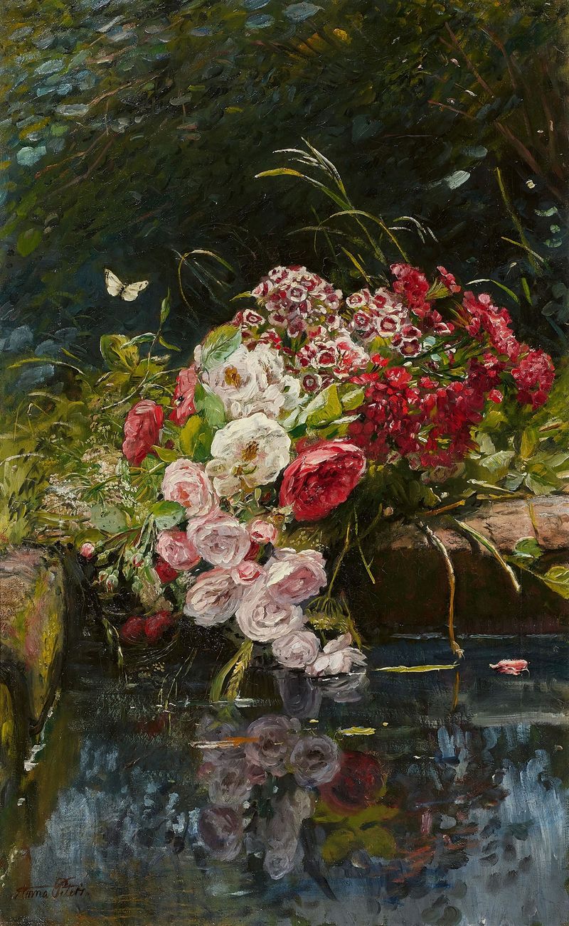 Natureza morta com rosas e cravos, óleo sobre tela de Anna Peters