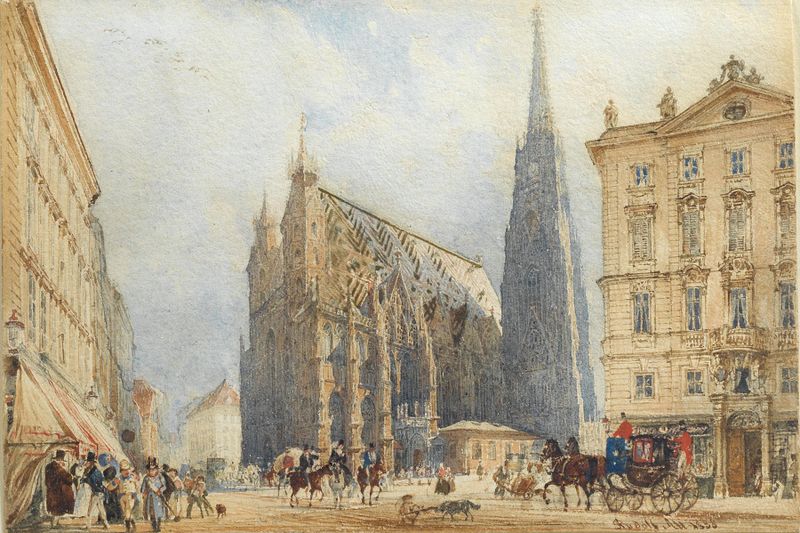 Stephansplatz by Rudolf von Alt, oil painting depicting St. Stephen's Cathedral and a bustling square.