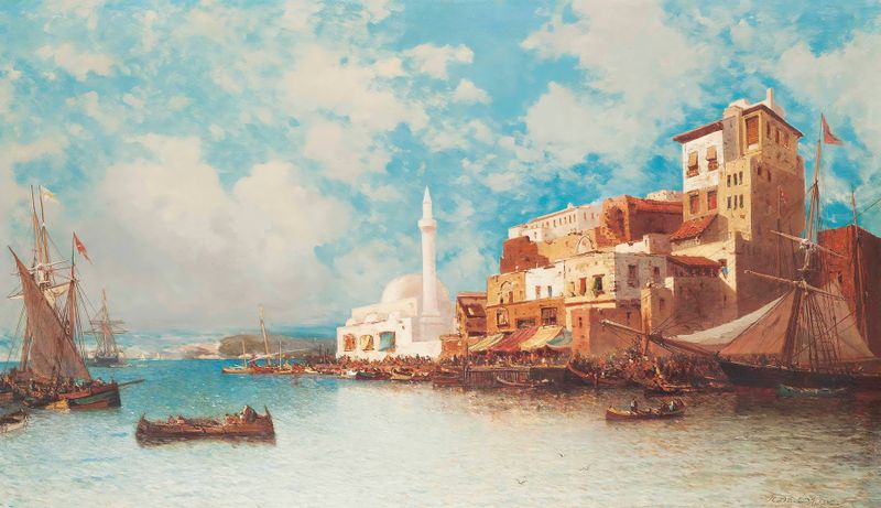 Eastern Harbour by Jean-Baptiste-Henri Durand-Brager, oil painting depicting boats on tranquil water