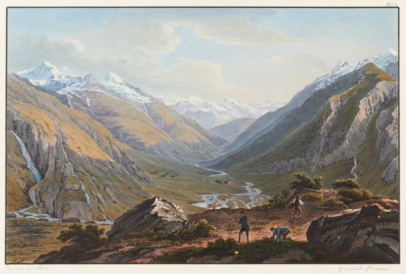Pintura de paisaje al óleo de Johann Ludwig Bleuler con ruinas y colinas.