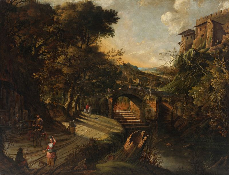 An Italianate river landscape with figures along a path, oil painting by Jan Siberechts