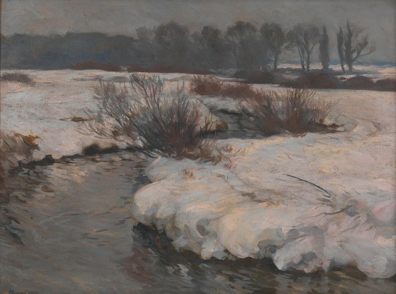 Paisagem de inverno com árvores cobertas de neve e sombras por Hans von Hayek, pintura a óleo