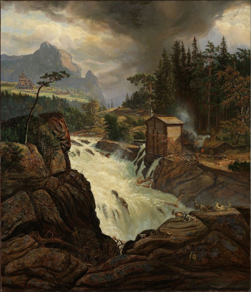 The upper Falls of the Labrofoss, oil on canvas by Johan Christian Dahl, depicting a waterfall and mountains.