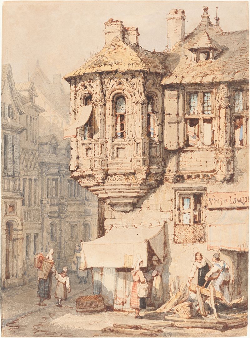 French street scene with a medieval turret, watercolor on paper by Samuel Prout