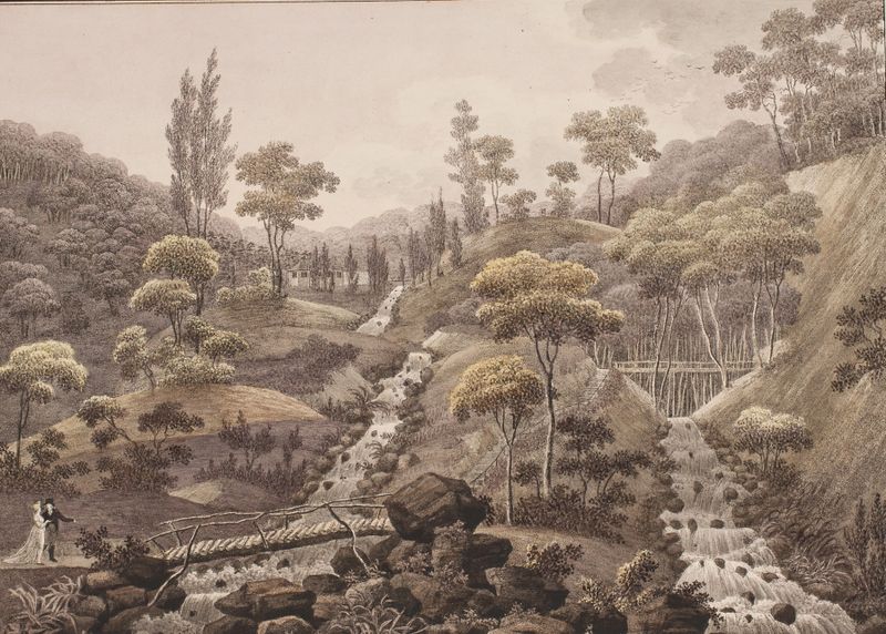 Waterfall scene by Søren L. Lange, Romanticism, depicting nature with vibrant greens and flowing water.