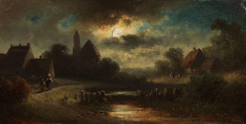 Landscape depicting a village at dusk by Anton Doll, medium unknown.