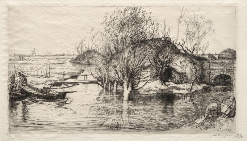 La Masure Inondée de Auguste Louis Lepère, que muestra una granja inundada en un paisaje, pintura al óleo.