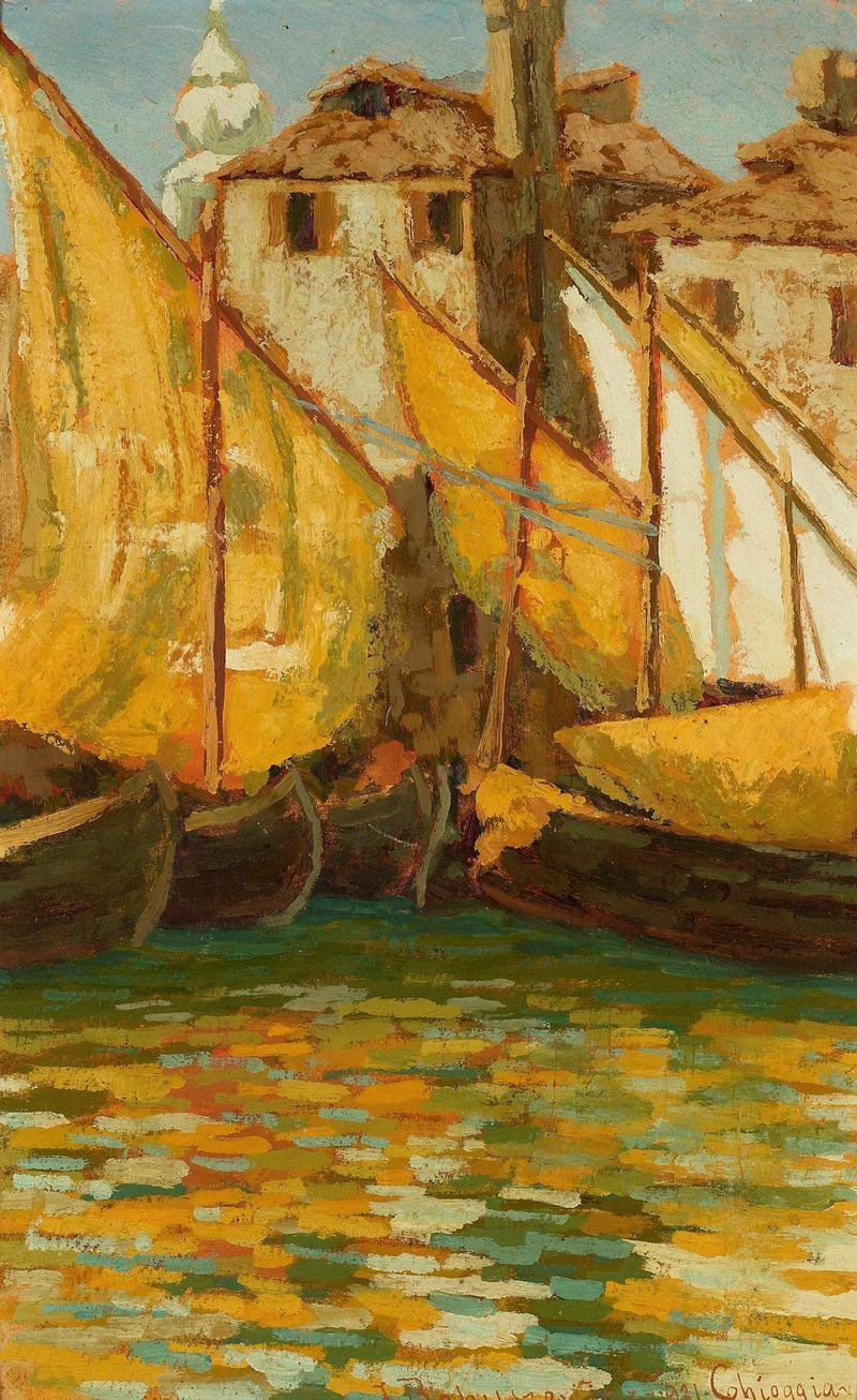 Veleros bajo el sol – Chioggia de Jan Bohuszewicz, impresionismo, representando barcos bajo la luz del sol en el agua