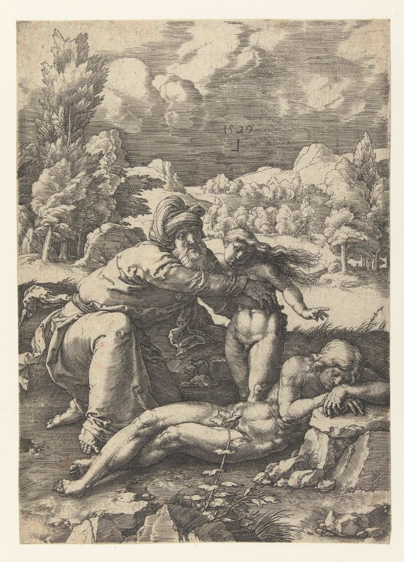 Gravura de Lucas van Leyden representando a criação de Eva com luz etérea.