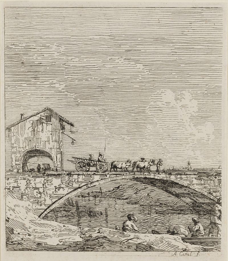 O Carro Atravessando Uma Ponte, óleo sobre tela de Canaletto, mostrando um carro em uma ponte sobre um rio.