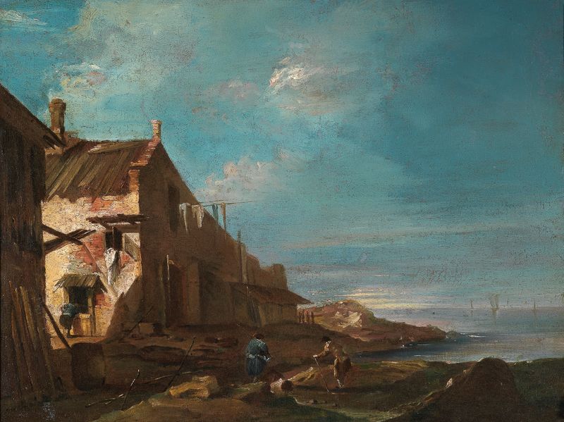 A Coastal Architectural Capriccio de Francesco Guardi, óleo sobre lienzo que representa arquitectura costera y luz.