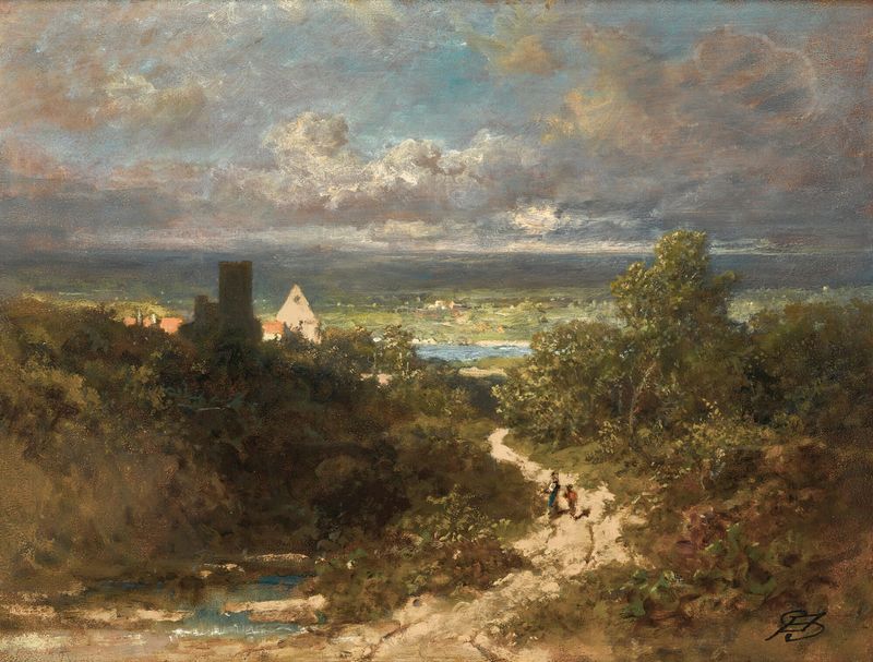 Paisagem com rio de Carl Spitzweg, pintura a óleo que retrata uma cena tranquila de rio.
