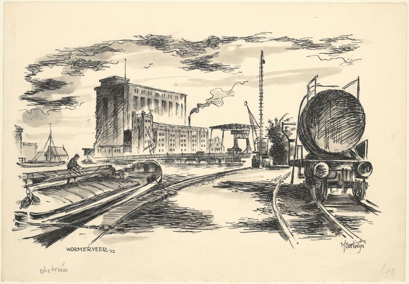 Landscape of a river and village by Maarten Oortwijn, 1952