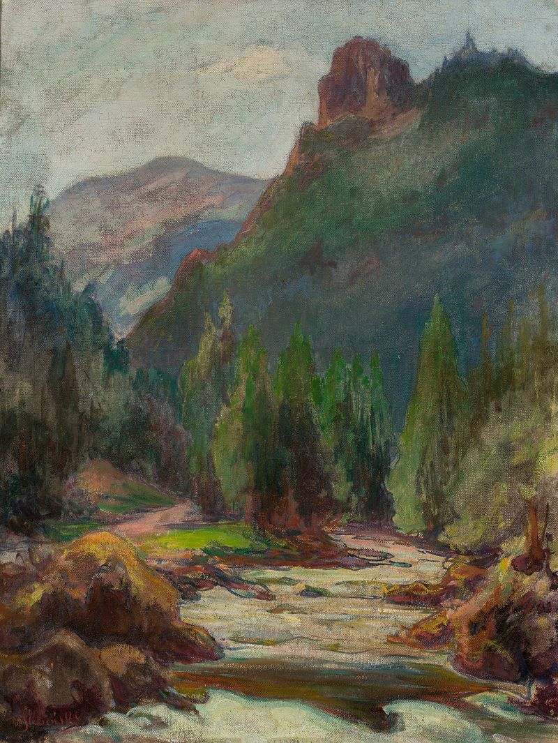 Mountain landscape oil painting by Władysław Ślewiński featuring rugged peaks and a blue sky
