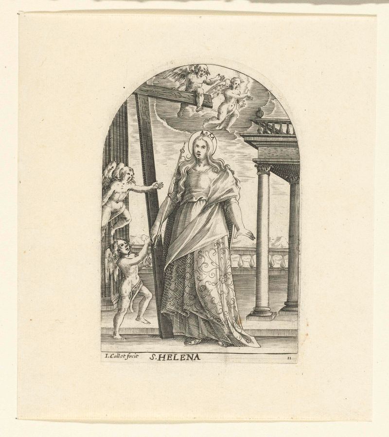 Grabado de Heilige Helena por Jacques Callot que representa a una santa con túnicas fluidas.