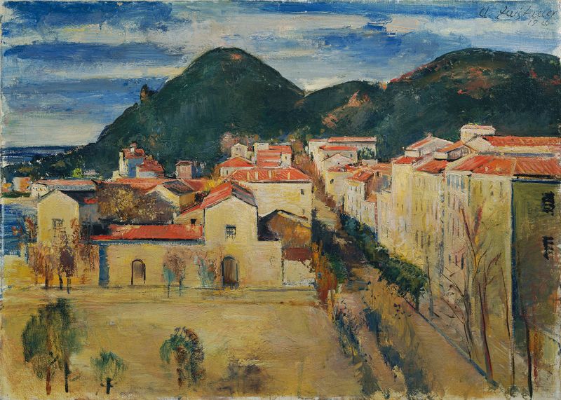 Ajaccio by Anton Faistauer, oil on canvas depicting a tranquil sea and rocky cliff at twilight.