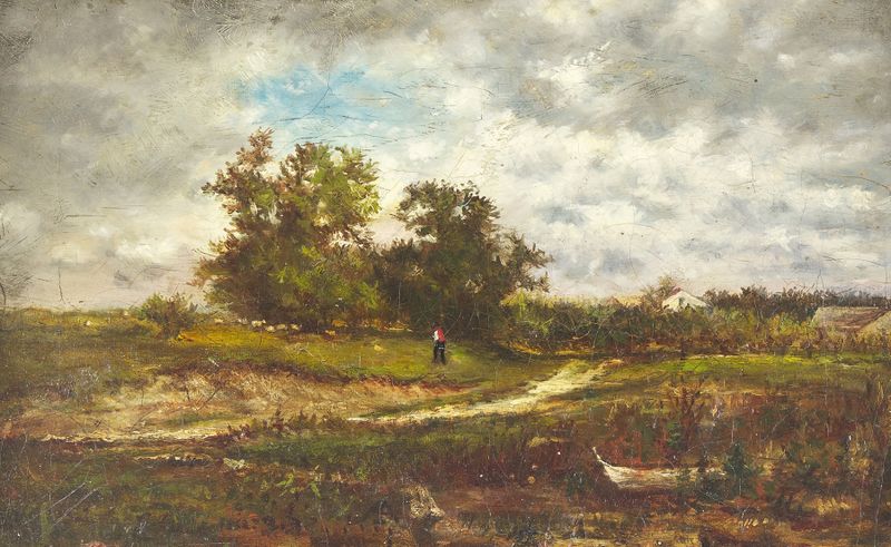 Upland Pasture de George Inness, óleo de un paisaje tranquilo con colinas y luz dorada.