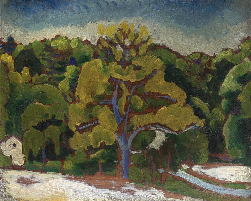 Paisagem de Morton Livingston Schamberg, pintura a óleo que retrata um campo ensolarado com verdes vibrantes e tons terrosos.