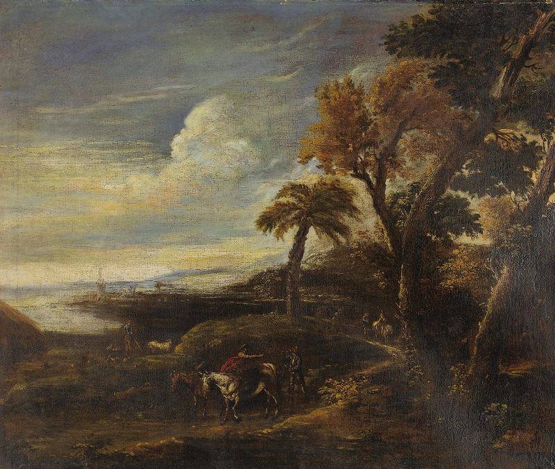 Romantic Landscape de Manner Of Giuseppe Zais, óleo sobre lienzo que representa colinas y un cielo colorido.