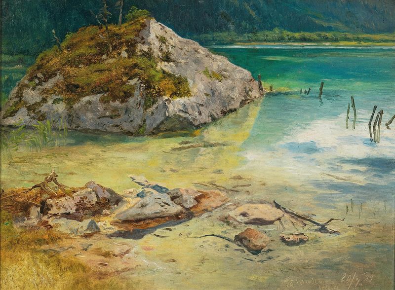Impression of Lake Attersee by Anton Schrödl, oil painting of a tranquil lake with reflections and clouds.