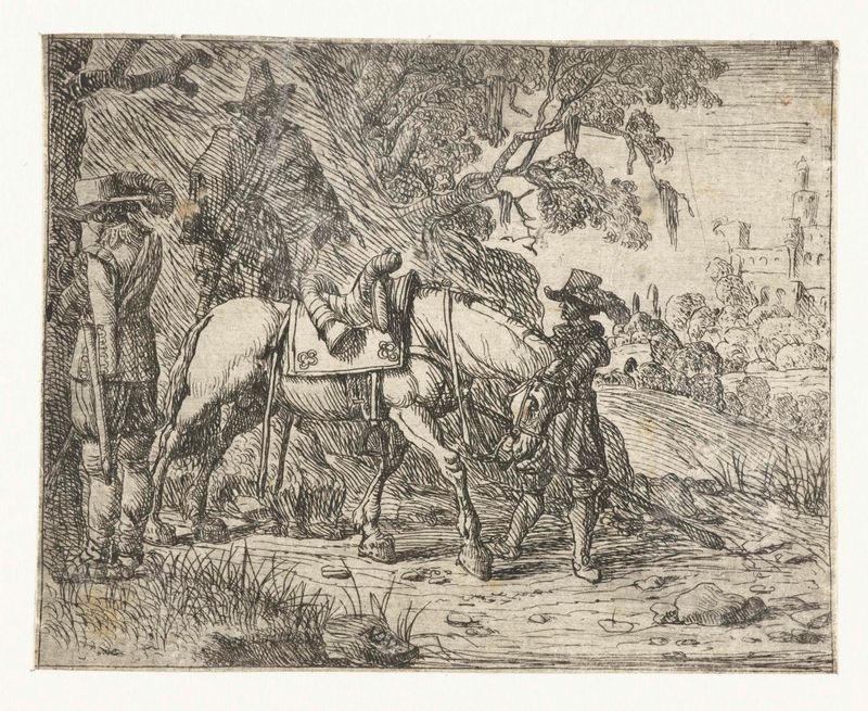 Etching by Pieter Bodding van Laer depicting a rider with a resting horse.