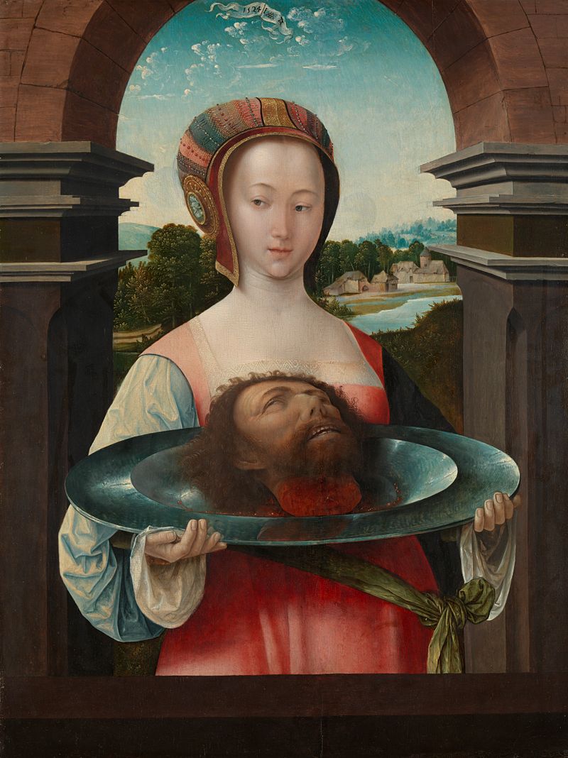 Salomé segura a cabeça de João Batista em uma bandeja, óleo sobre painel de Jacob Cornelisz van Oostsanen