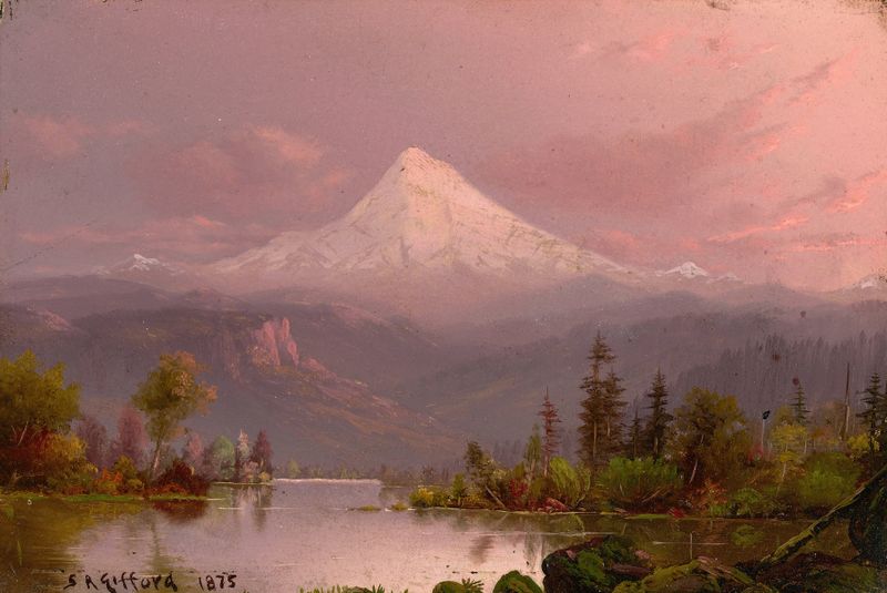 Mount Hood, Oregon de Circle Of Sanford Robinson Gifford, óleo sobre tela, retratando uma paisagem montanhosa sob céus azuis.