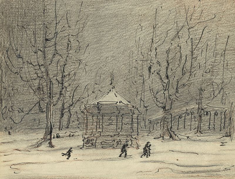 Paisagem nevada com um quiosque, óleo sobre tela de Alfred Ost