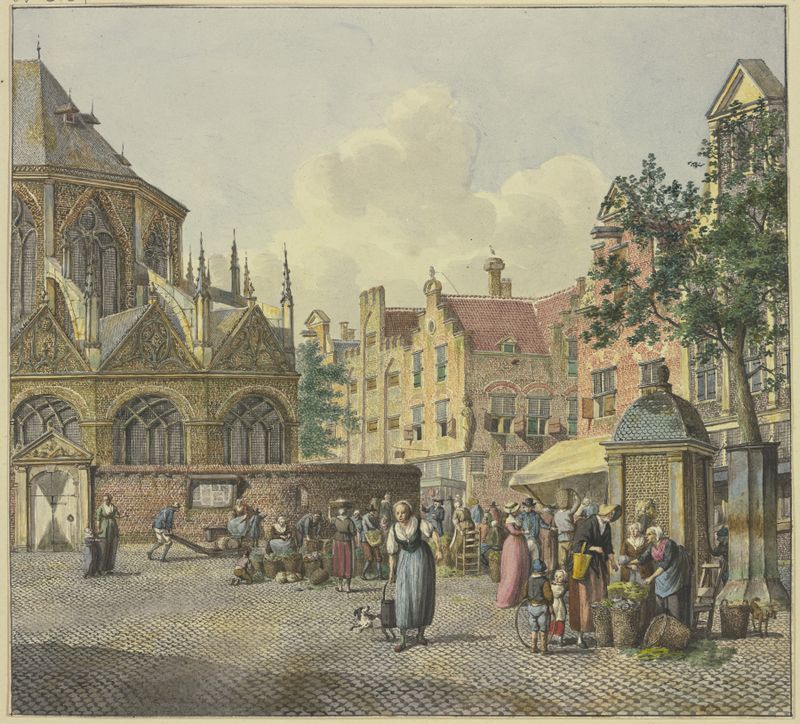 Genre scene with church and vegetable seller, oil on canvas by Johannes Huibert Prins