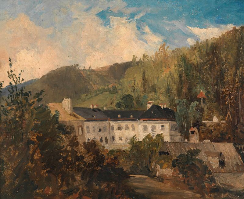 Oil painting by Adalbert Stifter depicting a tranquil path through a forest