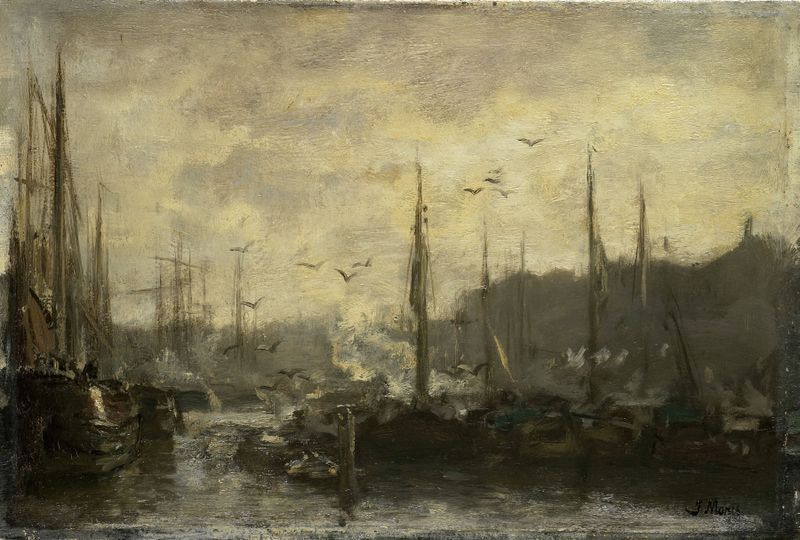 Harbor View de Jacob Maris, óleo sobre tela mostrando barcos em água calma