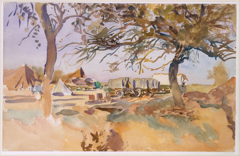 Military Camp de John Singer Sargent, óleo sobre lienzo que muestra soldados descansando en un paisaje verde.