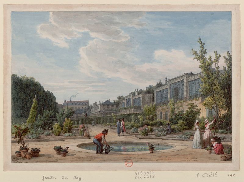 Jardin du Roy by Jean-Baptiste Hilaire, oil on canvas depicting a serene garden landscape.