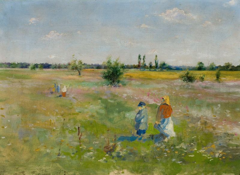 Pintura al óleo de Władysław Podkowiński con figuras en un prado