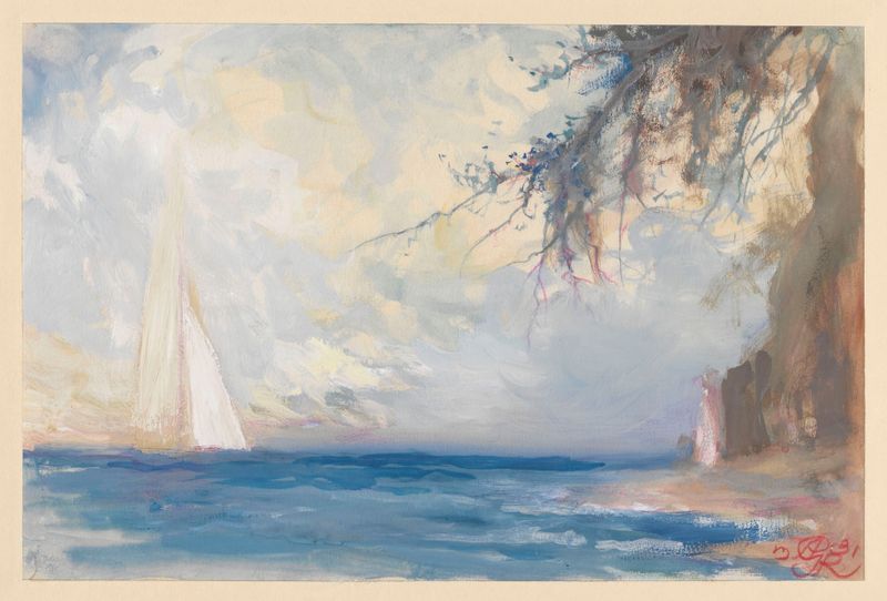 Sea landscape with a sailboat by Antoni Gawiński, oil painting
