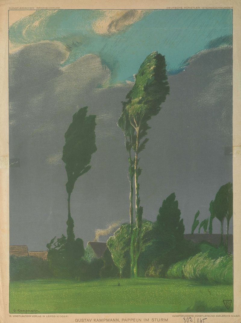 Paisaje con álamos y nubes turbulentas, pintura al óleo de Gustav Kampmann