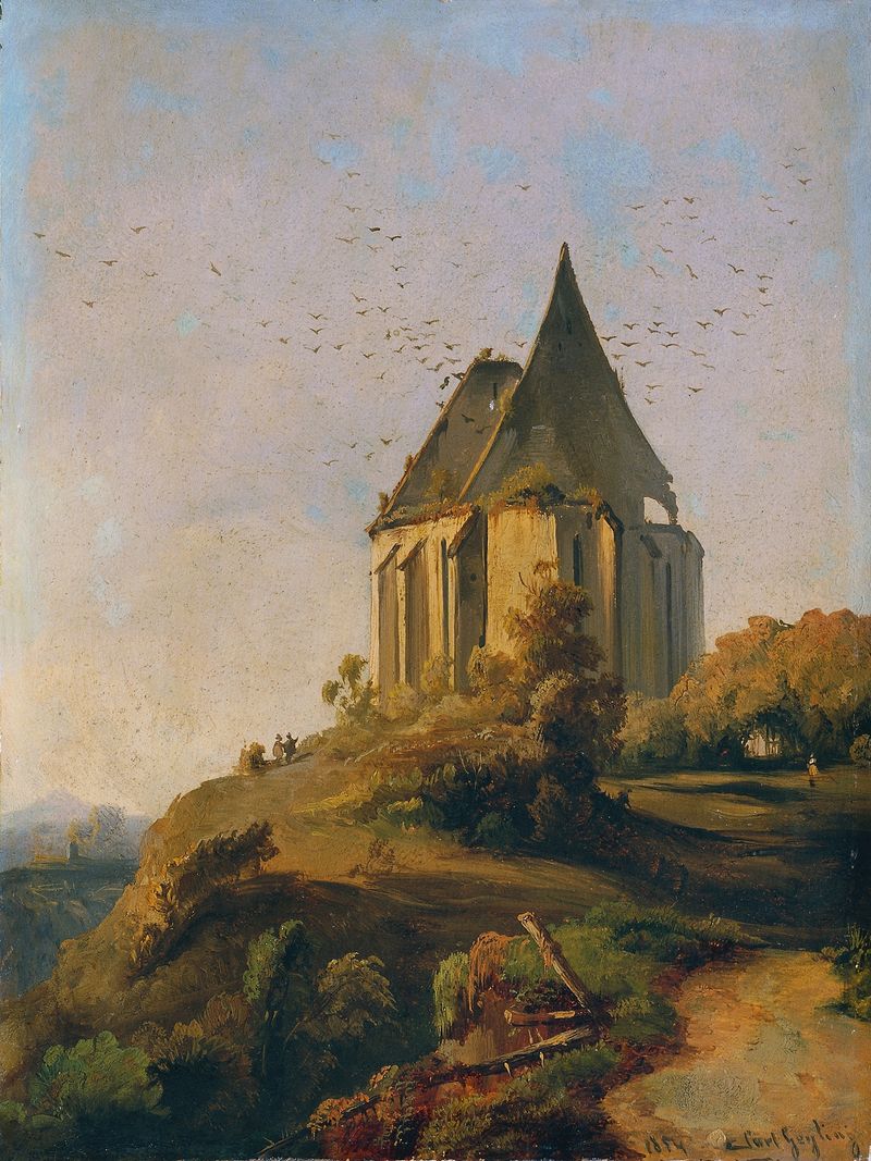 Kirchenruine de Carl Geyling, óleo sobre tela representando ruínas de uma igreja iluminadas pela luz dourada.
