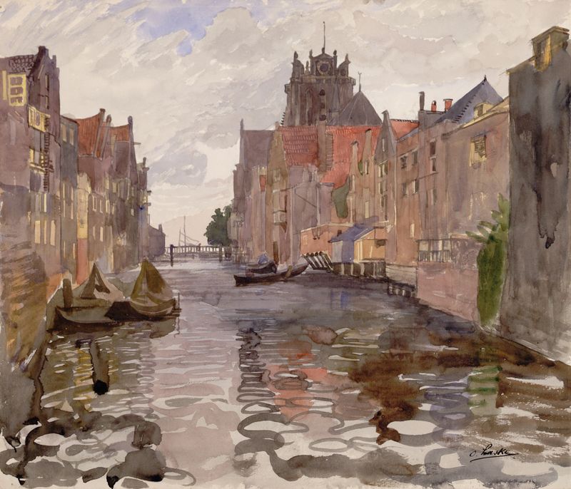 Kanal in Dordrecht de Oskar Laske, óleo sobre lienzo, que representa un canal tranquilo con reflejos y arquitectura.