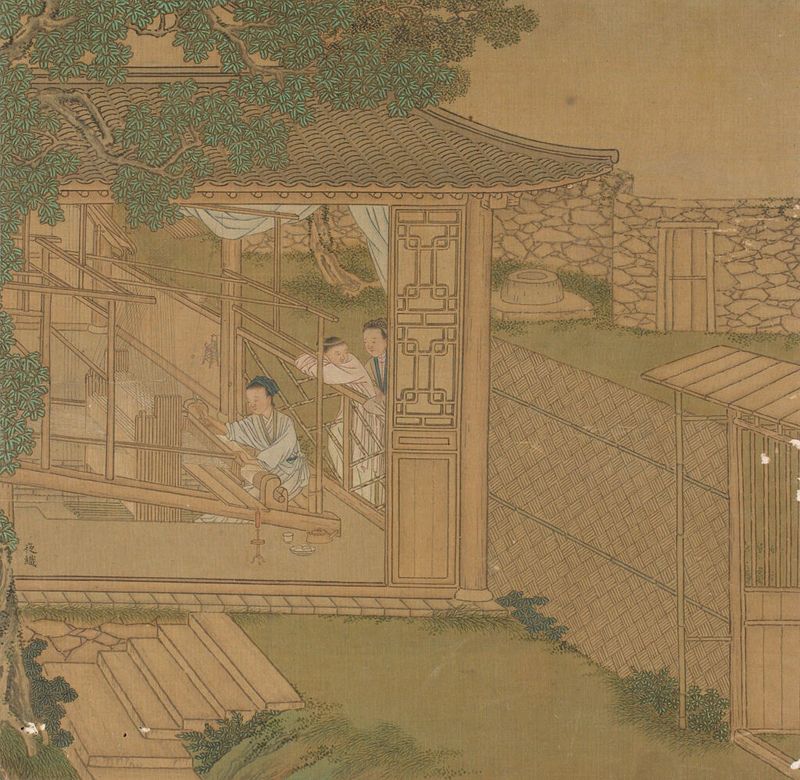 Escena de género de artesanía en seda por Qiu Ying, medio de seda