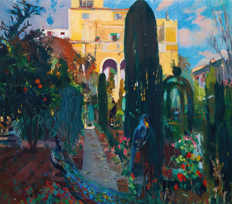 Pintura al óleo de Post-Impresionismo por Joaquin Mir Trinxet que representa una casa con paredes de terracota y luz cálida.