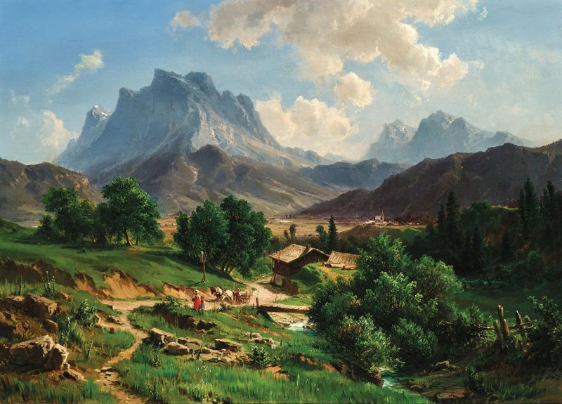 A Landscape with a Mountain Lake de Ludwig Halauska, pintura a óleo que retrata um lago tranquilo e uma cadeia de montanhas.