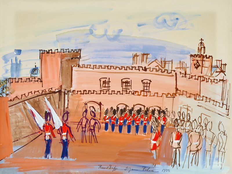 La relève de la garde de Raoul Dufy, pintura al óleo modernista que representa soldados en un colorido tableau