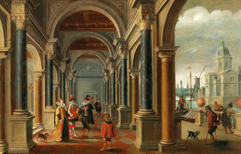 Óleo sobre lienzo de Bartholomeus van Bassen que muestra un arco con figuras elegantes y una vista de la ciudad